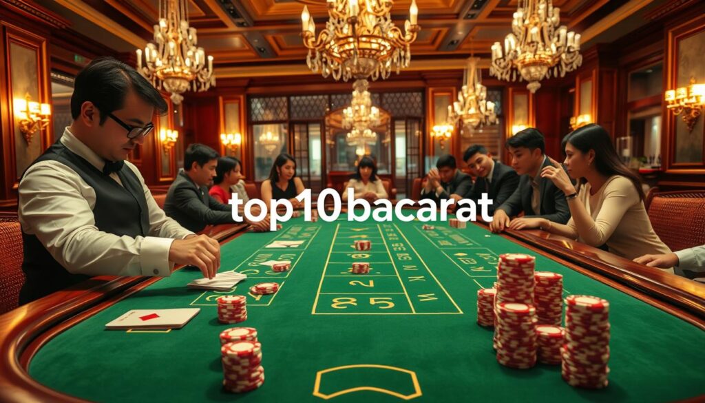 A classic baccarat table in an elegant casino setting, featuring rich green felt and polished wooden accents. In the foreground, a croupier dressed in professional attire meticulously deals cards, displaying focus and skill. Players of diverse backgrounds, in smart casual clothing, are engaged in the game, showcasing excitement and strategy. The middle ground highlights stacks of chips arranged neatly, with a subtle sheen under warm lighting that creates an inviting atmosphere. In the background, vintage-style chandeliers cast a soft glow over the room, enhancing the luxurious ambiance. The scene captures the essence of “บาคาร่า คลาสสิค” (classic baccarat) with a sense of sophistication, perfectly illustrating the allure of online baccarat games. Include the brand name "top10bacarat" subtly integrated into the setup, blending harmoniously with the overall design.