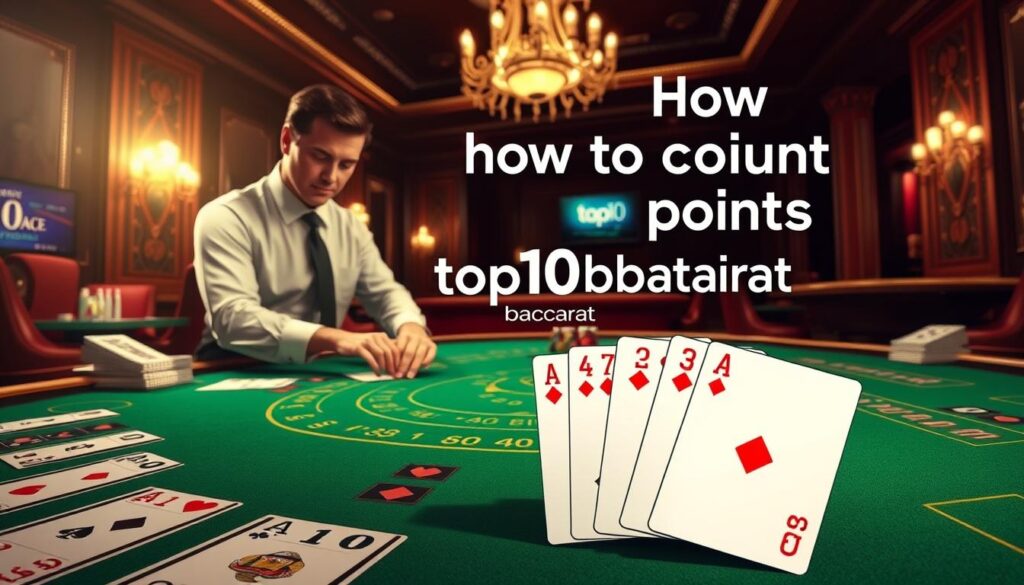 A detailed illustration depicting the concept of "how to count points in Baccarat". In the foreground, a professional-looking dealer in business attire is arranging Baccarat cards on a green felt table adorned with Baccarat betting layouts. In the middle ground, a set of cards showcasing various point values (Ace, 2-10, face cards) is prominently displayed, emphasizing the card counting aspect. The background features an elegant casino interior with soft lighting that creates a warm, inviting atmosphere, highlighting the excitement of gambling. A subtle glow emanates from the chandelier above, adding to the sophisticated ambiance. The branding "top10bacarat" is subtly incorporated into the casino scene, ensuring a cohesive look. Focus on clarity and detail, capturing the essence of Baccarat gameplay while maintaining a professional tone.