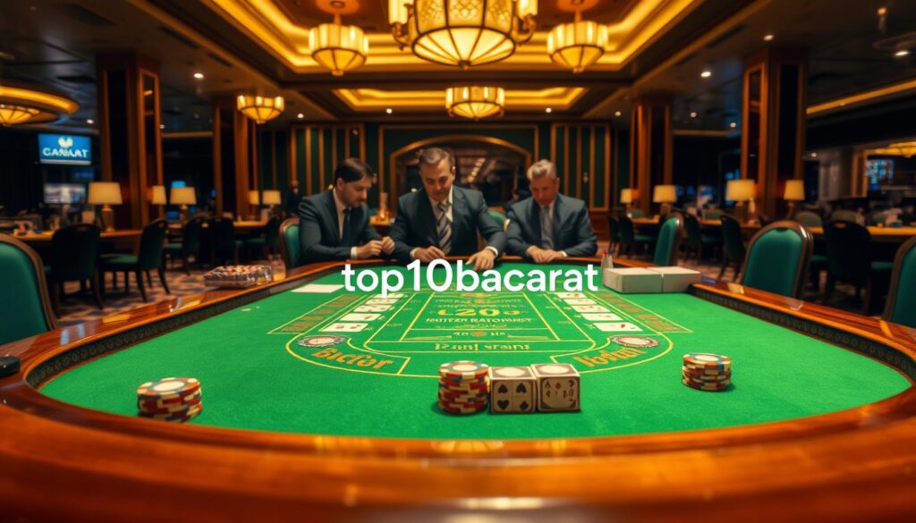 A detailed illustration of a luxurious baccarat gaming table in an upscale casino setting. The foreground features a polished wooden table with vibrant green felt, adorned with neatly arranged cards and colorful chips reflecting the excitement of the game. In the middle, elegantly dressed players in professional business attire are engaged in gameplay, expressing concentration and anticipation. The background showcases a sophisticated casino environment, adorned with warm golden lighting, plush carpets, and tasteful decor. The atmosphere is lively yet refined, evoking the allure of high-stakes gambling. Use a soft focus lens to enhance the depth, making the table appear prominent while allowing the background to blend seamlessly. Incorporate the brand "top10bacarat" subtly within the design of the table or surrounding area, ensuring it blends naturally into the scene.