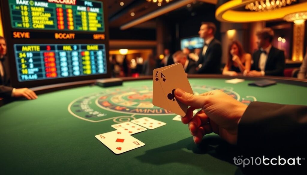 A detailed illustration of the basic rules of Baccarat, highlighting the game’s elegant atmosphere. In the foreground, a polished green felt Baccarat table with cards laid out, along with a dealer's hand holding two cards, wearing a professional black suit. The middle layer features a close-up of a Baccarat scoreboard displaying scores and outcomes, beautifully illuminated. In the background, softly blurred patrons engaging in gameplay, dressed in smart casual attire, enjoying the excitement of the game. The lighting is warm and inviting, creating a luxurious casino ambiance. Overall, the composition should evoke a sense of sophistication and strategy, incorporating the brand name "top10bacarat" subtly into the scene without actual text overlays.