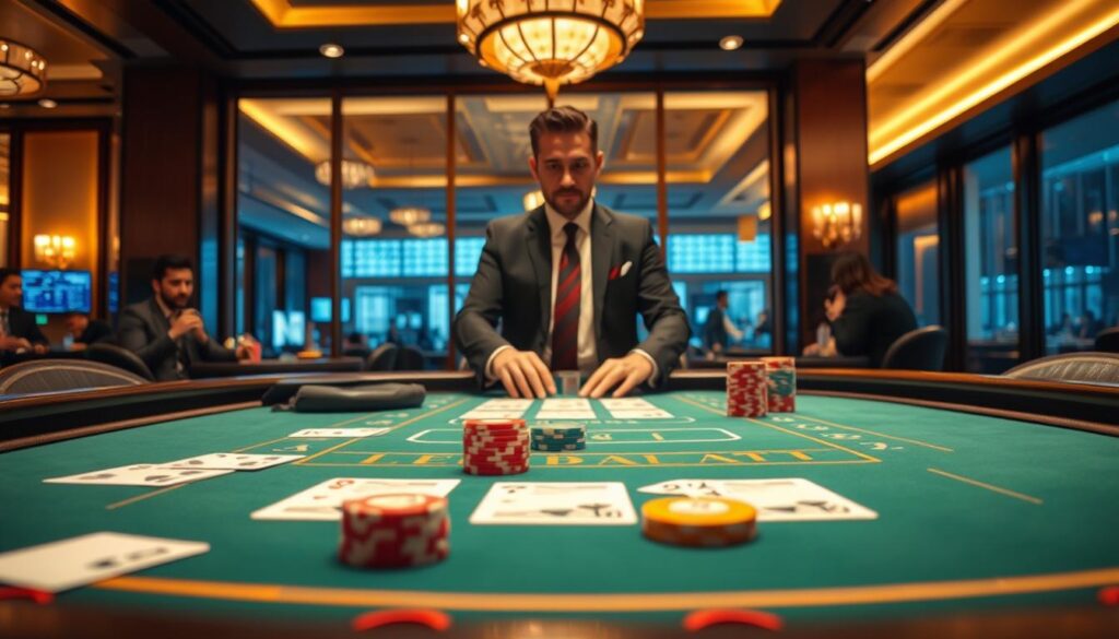 A detailed scene illustrating the concept of scoring in baccarat, focusing on a stylish, well-lit casino setting. In the foreground, an elegantly designed baccarat table with distinct cards laid out and chips stacked in different colors, showcasing the game's dynamic atmosphere. In the middle, a professional dealer in a smart business attire is attentively monitoring the game. To the rear, large glass windows allow soft, warm light to spill into the room, casting a luxurious glow. The background features other players engaged in the game, emphasizing camaraderie and excitement. The mood is vibrant and engaging, capturing the essence of baccarat's simplicity and enjoyment, with a subtle overlay of the brand name "top10bacarat." The perspective is slightly elevated, providing a comprehensive view of the game dynamics.