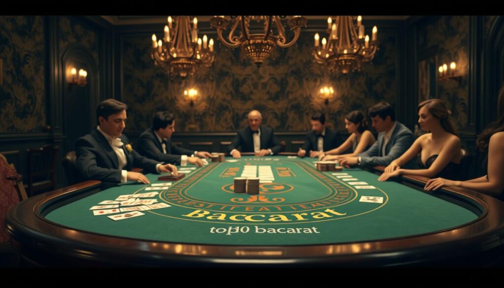 A historical scene depicting the origins of Baccarat, showcasing an elegant 19th-century casino layout. In the foreground, a polished Baccarat table with green felt, cards neatly fanned out, and chips arranged. A group of well-dressed players, in period-appropriate formal attire, engaged in gameplay, their expressions focused and excited. In the middle, chandeliers casting warm light create an inviting ambiance. The background features ornate wallpaper and vintage gambling decor, evoking a luxurious atmosphere. Soft focus on the background elements to emphasize the players and the game. The overall mood is rich in history and excitement, reflecting the entertaining and accessible nature of Baccarat, with the subtle branding "top10bacarat" incorporated into the design of the table felt.