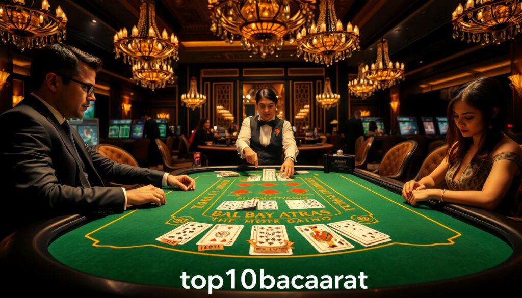 A lavish baccarat table set in an elegant casino environment with a glossy green felt surface and dazzling golden accents. In the foreground, two professional players in smart business attire are engaged in the game, their focused expressions reflecting excitement and strategy. The middle ground features a dealer expertly handling cards, showcasing a deck of playing cards with intricate designs. In the background, opulent chandeliers cast warm light over the scene, creating a glamorous atmosphere. The venue is filled with classy decor and subtle hints of other casino games to enhance the setting, all while emphasizing the essence of baccarat as a sophisticated card game. The brand name "top10bacarat" should be subtly implied in the overall aesthetic.