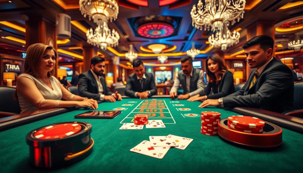 A luxurious baccarat table, elegantly set with rich green felt and illuminated by warm, ambient lighting. In the foreground, a set of polished playing cards and a dealer's shoe are prominently displayed, while a pair of vibrant red chips adds a pop of color. In the middle ground, a diverse group of well-dressed players in casual yet professional attire engage in the game, exuding excitement and strategy. The background features a lavish casino environment with shimmering chandeliers and plush seating, creating an inviting atmosphere. The scene captures the thrill of playing "บาคาร่าฟรี" in a sophisticated gaming setting, with a focus on the brand "top10bacarat." Use a wide-angle lens to enhance depth, showcasing the rich details and vibrant colors of the casino ambiance, while ensuring a warm and engaging mood throughout the image.