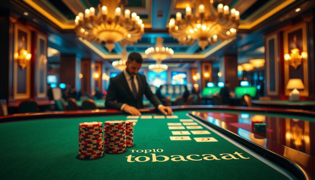 A luxurious baccarat table set in an elegant casino environment, featuring rich green felt and polished wood accents. In the foreground, a beautifully arranged baccarat card layout with a stack of chips and two players dressed in professional business attire, intently studying the game. The middle ground showcases a vibrant, tastefully illuminated casino room with ornate chandeliers, adding a warm glow that enhances the atmosphere. The background hints at other gaming tables, creating a sense of bustling excitement, while soft, ambient lighting envelops the scene. A subtle reflection of the casino's plush decor is visible on the table's surface. Incorporate the brand name "top10bacarat" subtly in the design aspect of the casino. The overall mood is one of anticipation and elegance, inviting viewers into the thrilling world of baccarat.
