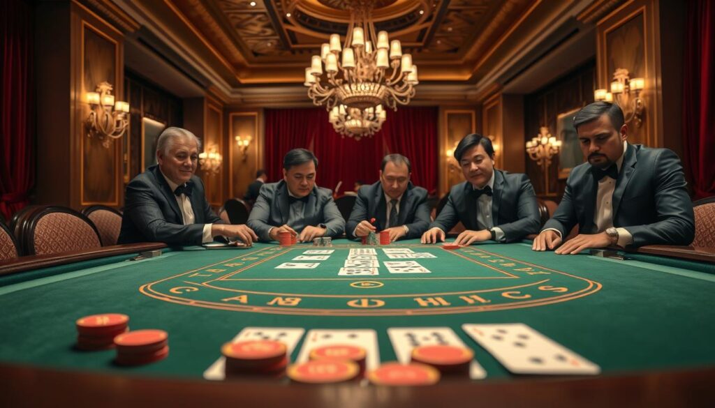 A luxurious baccarat table set in an elegant casino interior. In the foreground, a shiny green felt table displaying neatly arranged cards and chips, conveying excitement and anticipation. A group of four diverse players in professional business attire, focused and engaged in the game, are seated around the table. The middle ground features soft, atmospheric lighting that highlights the table while casting gentle shadows, creating a sense of intimacy. In the background, opulent chandeliers and rich velvet drapes add to the grandeur of the casino environment. The mood is lively yet sophisticated, capturing the appeal and popularity of baccarat. The brand logo "top10bacarat" is subtly integrated into the table design, reflecting a modern approach in the gaming world.