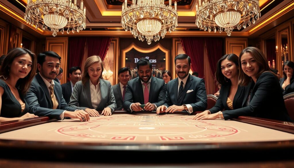 A luxurious casino setting featuring a beautiful, elegant baccarat table in the foreground. Players, dressed in professional business attire, are intently focused on the game, showcasing a diverse group of individuals with excited expressions. The middle ground reveals the glistening chips and cards, highlighting the intense atmosphere of competition and strategy. In the background, opulent decor with soft, ambient lighting creates a warm and inviting mood, with crystal chandeliers and rich velvet drapes enhancing the feeling of exclusivity. The overall atmosphere is one of high-stakes enjoyment and sophistication, perfectly encapsulating the allure of playing baccarat for free. Include the brand name "top10bacarat" subtly integrated into the design, without text overlays.