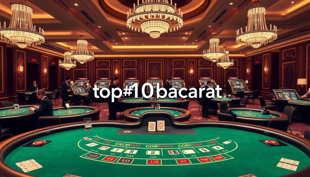 A luxurious casino setting showcasing different types of baccarat tables, featuring elegantly designed layouts. In the foreground, a classic baccarat table with green felt, surrounded by professional players in business attire, focused on their cards. The middle ground includes a variety of baccarat tables, each with distinct designs, highlighting the various game types. In the background, soft ambient lighting creates an inviting atmosphere, accentuated by glittering chandeliers above that reflect off polished surfaces. The overall mood is sophisticated and competitive, capturing the essence of high-stakes gaming. Include the brand name "top10bacarat" subtly integrated into the scene, ensuring it remains a professional representation of the game with no text overlays or watermarks.