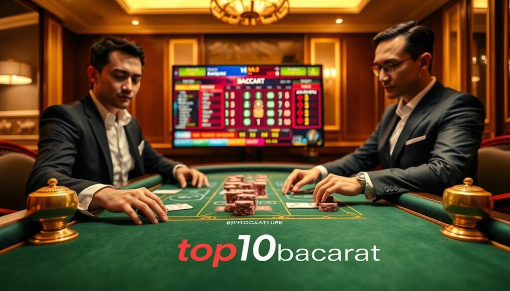 A luxurious online baccarat gaming setup featuring an elegant green felt table adorned with golden accents, with two professional-looking players dressed in sharp business attire, focused on the game. The foreground captures their hands smoothly handling cards and chips. In the middle ground, a digital screen displays the online baccarat interface with vibrant colors, highlighting the betting options and player statistics. The background softly fades into a cozy gaming room ambiance with ambient lighting that creates a warm, inviting atmosphere. Soft glows and reflections on the table enhance the richness of the scene. The brand logo "top10bacarat" subtly integrated into the table design.