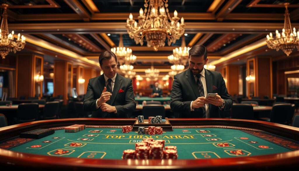 A professional and elegant baccarat table scene set in a luxurious casino environment. In the foreground, a beautifully crafted wooden baccarat table with green felt, neatly arranged cards, and sparkling chips in vibrant colors. In the middle, two elegantly dressed players in business attire are intensely focused on the game, their expressions conveying both strategy and excitement. One player gestures, indicating a move, while the other studies the cards thoughtfully. The background features a lavish casino ambiance with soft ambient lighting, showcasing ornate chandeliers and stylish decor. The overall mood is sophisticated and intense, capturing the essence of high-stakes baccarat gaming. Include a subtle logo of "top10bacarat" on the table, enhancing the thematic cohesion without overwhelming the scene.