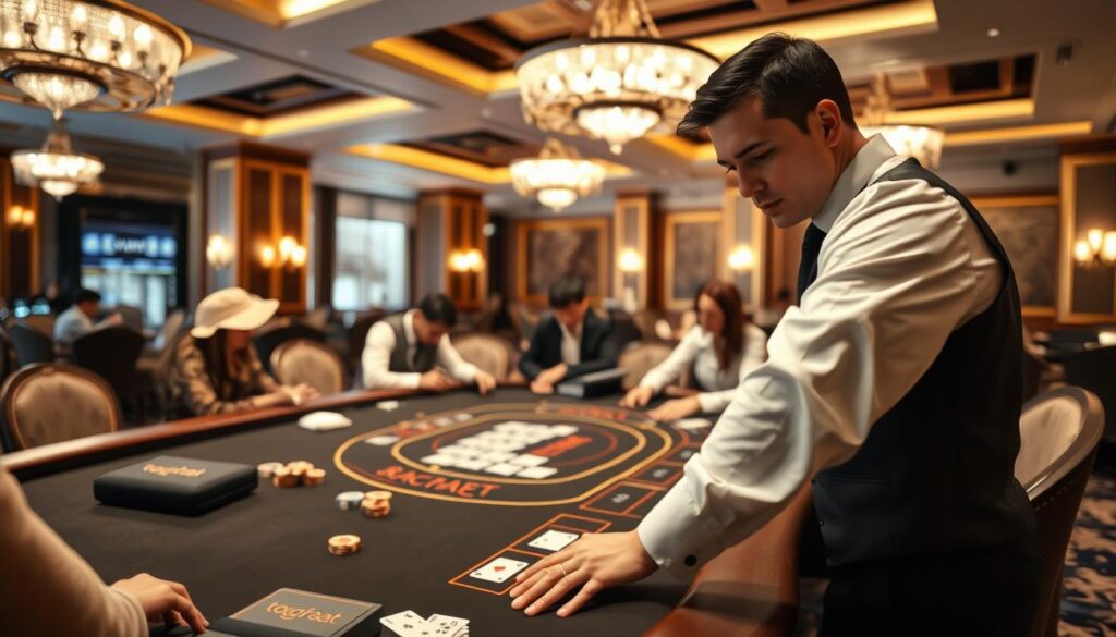 A professional and sophisticated scene depicting an elegant baccarat gaming table set in a luxurious casino environment. In the foreground, focus on a well-dressed dealer, wearing a crisp white shirt, black vest, and tie, skillfully handling cards. The middle ground showcases players at the table, dressed in smart casual attire, intently engaged with their chips and cards. The background features opulent casino decor with soft golden lighting, stylish chandeliers, and plush seating, creating an inviting atmosphere. The camera angle captures a dynamic perspective of the table, highlighting the excitement of the game. The brand name "top10bacarat" is subtly integrated into the design of the table felt. The overall mood is one of thrill and sophistication, reflecting the popularity of baccarat in Thailand.