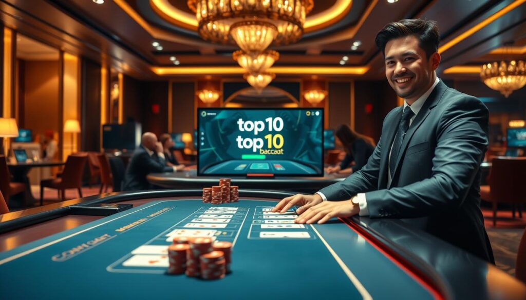 A stylish and inviting online baccarat gaming scene, prominently featuring a sleek virtual table adorned with cards and chips. In the foreground, a professional-looking dealer in smart attire is managing the game, exuding confidence and friendliness, as players engage from their screens. The middle ground shows a vibrant digital interface with the "top10bacarat" logo subtly integrated. The background reveals a luxurious casino ambiance with soft lighting creating an opulent yet relaxed atmosphere. The overall mood is engaging and lively, emphasizing the excitement of online gaming. Use warm, welcoming lighting and a slightly angled perspective to evoke a sense of richness and entertainment, making it clear that this is a premier online baccarat experience. No text overlays or distractions.