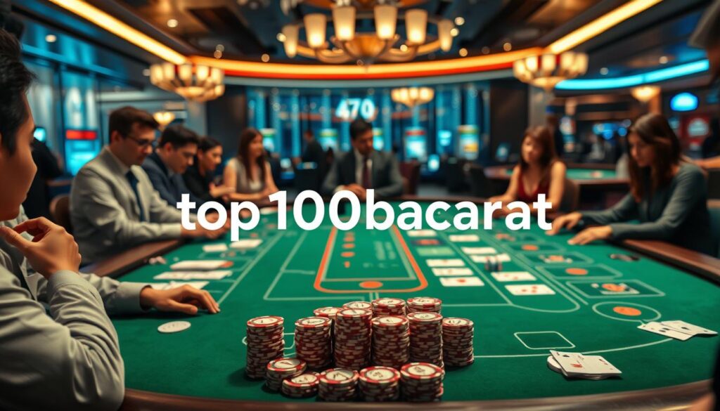 A stylish, modern casino scene featuring an elegant baccarat table with players in professional business attire. In the foreground, a diverse group of players, both men and women, are concentrating on the game, with cards and chips visible. The middle layer showcases the beautifully designed baccarat table, displaying cards face-up and chips arranged neatly in piles, with a green felt surface reflecting soft overhead lighting. In the background, the glimmer of the casino ambiance surrounds, with blurred lights and other gaming tables subtly positioned to create depth. The mood is focused yet exciting, capturing the essence of strategic gameplay. Incorporate the brand name "top10bacarat" subtly within the design elements of the table, ensuring it blends seamlessly with the overall composition.