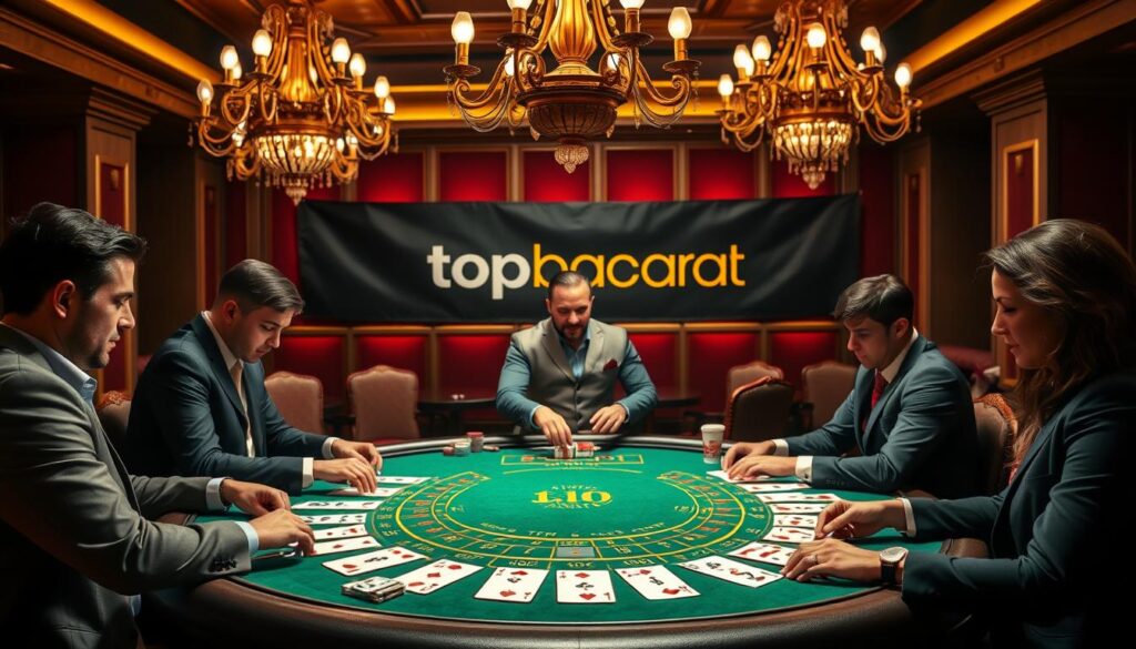 A vibrant and elegant casino setting depicting a baccarat game in action. In the foreground, a stylish round table with a green felt surface is surrounded by four players dressed in professional business attire, focused on their cards, their expressions reflecting a mix of concentration and excitement. The middle ground showcases a dealer in a smart vest managing the game, emphasizing a professional atmosphere. In the background, soft lighting illuminates ornate chandeliers hanging above, casting a warm glow on the rich decor featuring deep reds and golds. A banner subtly displaying the brand name "top10bacarat" complements the scene without overpowering it. The mood is lively yet sophisticated, inviting viewers into the world of baccarat gameplay.