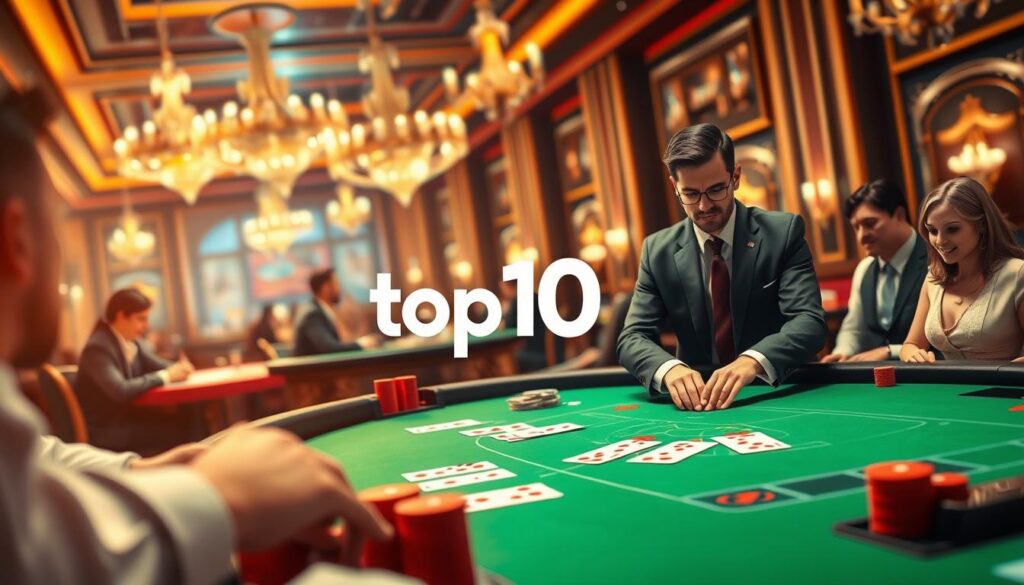 A vibrant and engaging illustration depicting the game of baccarat, set in a luxurious casino environment. In the foreground, a professional dealer in a stylish suit manages a green felt baccarat table, displaying the cards and chips in an organized manner. Players, dressed in business attire, focus intently on their hands, showcasing expressions of concentration and excitement. In the middle ground, a rich, elegantly decorated casino backdrop with soft ambient lighting casts a warm glow over the scene, highlighting ornate chandeliers and polished surfaces. The atmosphere is lively yet sophisticated, encapsulating the thrill of the game. Use a shallow depth of field to draw attention to the table while subtly blurring the background. The image should reflect a sense of professionalism and high-stakes gaming. Include the branding “top10bacarat” seamlessly integrated into the design.