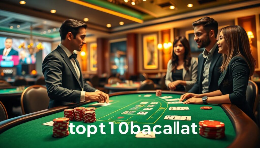A vibrant and engaging illustration of a Baccarat game setup, focusing on the game's rules. In the foreground, an elegant green felt table adorned with detailed cards, poker chips, and a dealer button. In the middle ground, a professional male dealer in business attire, demonstrating the game to two interested players dressed in smart casual clothing, showcasing their engagement and understanding of the rules. The background features a softly lit casino ambiance, complete with subtle hints of other gaming tables and warm golden lights creating an inviting atmosphere. The overall mood is informative and friendly, emphasizing the learning aspect of the game. The brand name "top10bacarat" subtly integrated into the scene without any text overlay.