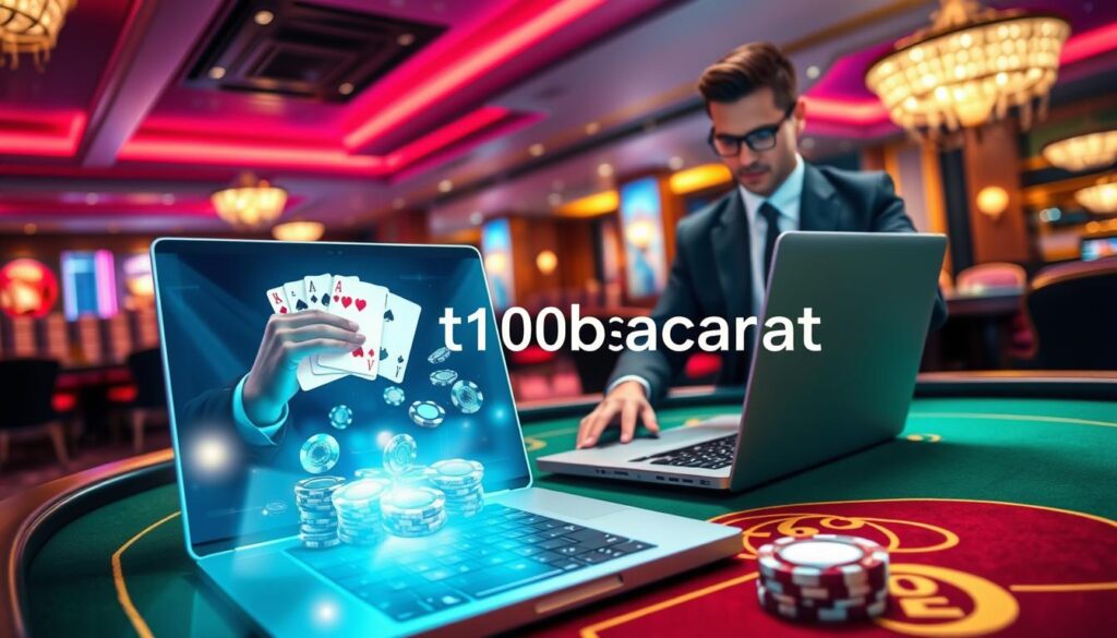 A visually striking digital illustration representing an online baccarat program. In the foreground, an elegant user interface displays digital cards and chips, highlighting the excitement of the game. A professional-looking person in business attire interacts with the interface, showing focus and engagement. In the middle ground, a sleek laptop sits on a richly designed gaming table, emphasizing sophistication. The background features a vibrant casino interior with soft, ambient lighting that creates an inviting atmosphere. Incorporate abstract visual elements like glowing card symbols and animated chips to convey motion and excitement. The brand name "top10bacarat" should be subtly integrated into the interface design. Maintain a professional tone throughout the image, ensuring it captures the essence of easy and enjoyable online baccarat gameplay.