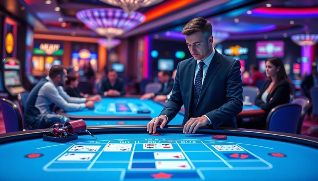 A visually striking representation of a modern baccarat program interface, featuring a sleek digital display showing cards and betting options. In the foreground, a professional dealer in business attire interacts with an elegant casino table, embodying sophistication and expertise. In the middle ground, players seated around the table are focused and engaged, dressed in smart casual clothing, showcasing a friendly gaming atmosphere. The background captures a vibrant casino ambiance with colorful lighting and blurred images of other gaming tables. The overall mood is lively and exciting, emphasizing fun and strategy in gaming. High-quality lighting accentuates the details of the table and cards, taken with a soft focus lens to create depth and draw attention to the technology of the baccarat program presented by "top10bacarat."